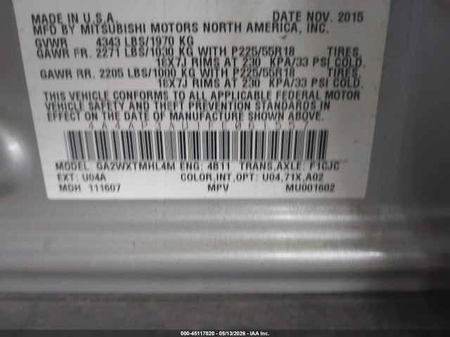 Aukcja sprzedaży 2015 Mitsubishi Outlander Sport Es, vin: 4A4AP3AU1FE061557, numer aukcji: 45117820