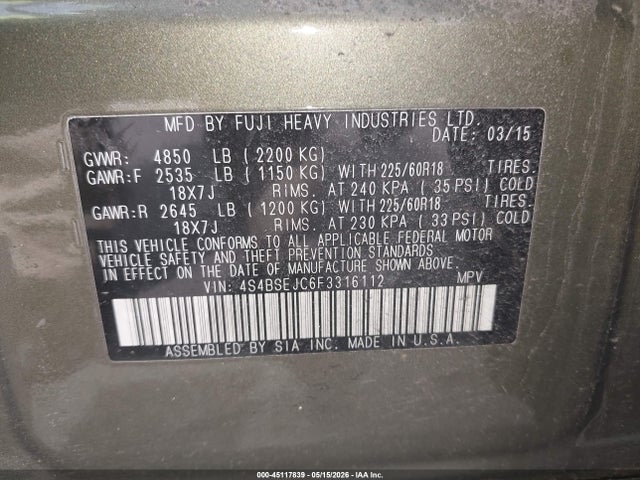 Aukcja sprzedaży 2015 Subaru Outback 3.6r Limited, vin: 4S4BSEJC6F3316112, numer aukcji: 45117839