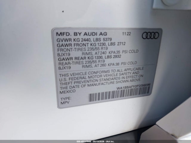 45117846 :رقم المزاد ، WA1BBAFY0P2056096 vin ، 2023 Audi Q5 Premium Plus 40 Tfsi Quattro S Tronic مزاد بيع