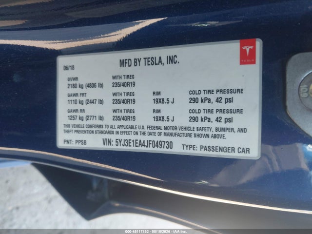 Продажа на аукционе авто 2018 Tesla Model 3 Long Range/mid Range, vin: 5YJ3E1EA4JF049730, номер лота: 45117852