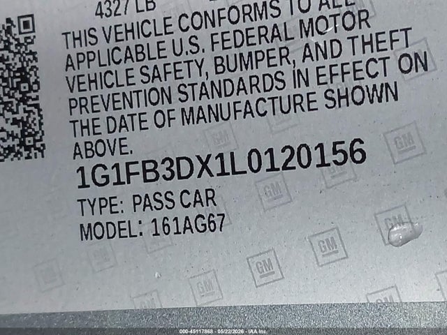 45117868 :رقم المزاد ، 1G1FB3DX1L0120156 vin ، 2020 Chevrolet Camaro Rwd  1lt مزاد بيع