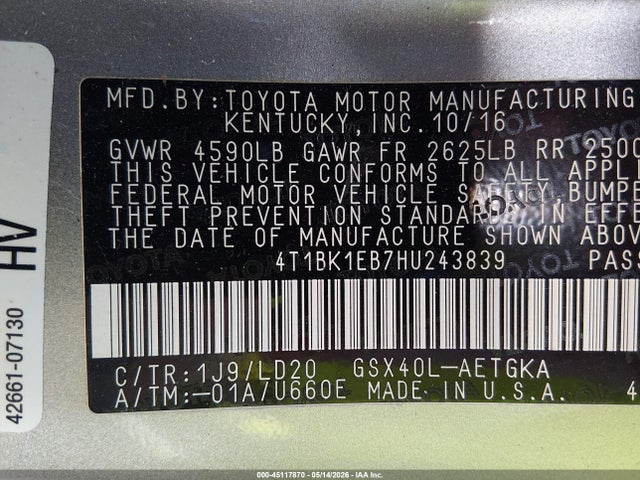 2017 Toyota Avalon Xle მანქანა იყიდება აუქციონზე, vin: 4T1BK1EB7HU243839, აუქციონის ნომერი: 45117870