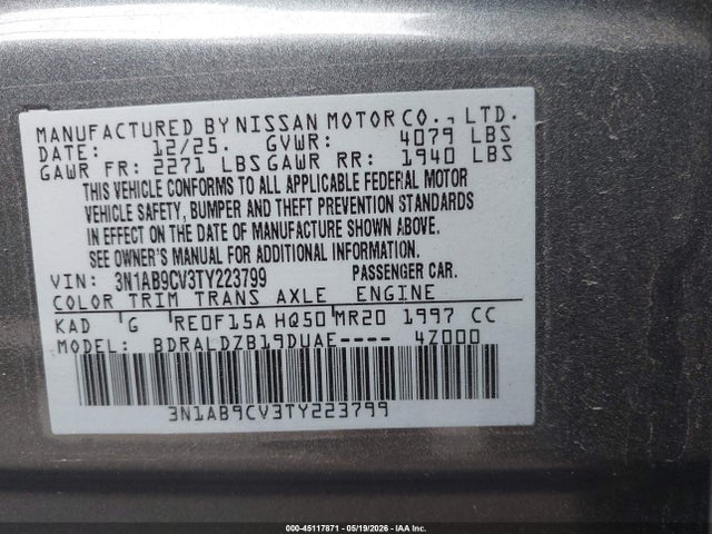Aukcja sprzedaży 2026 Nissan Sentra Sv, vin: 3N1AB9CV3TY223799, numer aukcji: 45117871