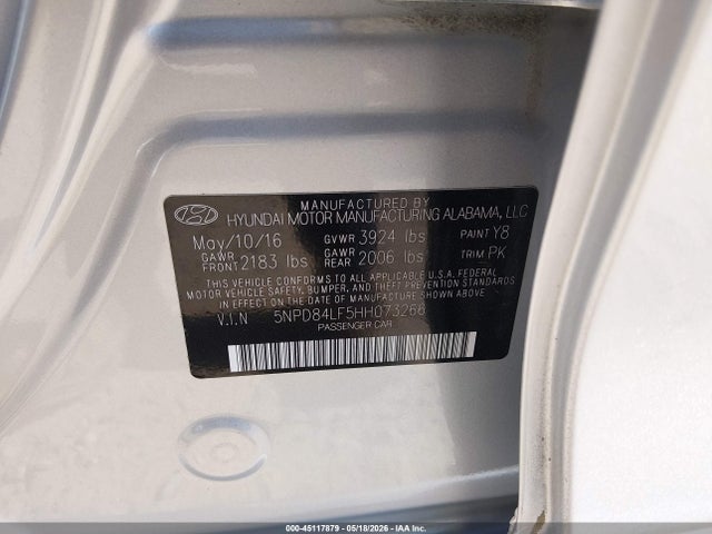 45117879 :رقم المزاد ، 5NPD84LF5HH073266 vin ، 2017 Hyundai Elantra Se مزاد بيع