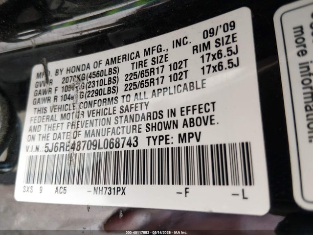2009 Honda Cr-v Ex-l მანქანა იყიდება აუქციონზე, vin: 5J6RE48709L068743, აუქციონის ნომერი: 45117883