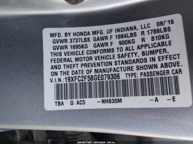 Aukcja sprzedaży 2016 Honda Civic Lx, vin: 19XFC2F58GE079306, numer aukcji: 45117897