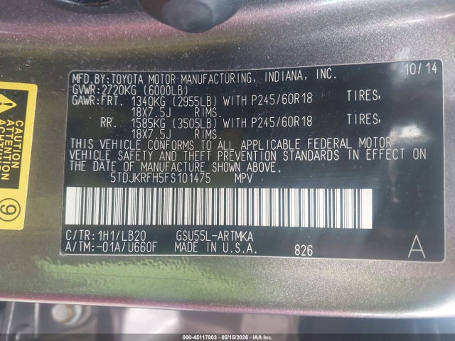 Aukcja sprzedaży 2015 Toyota Highlander Xle V6, vin: 5TDJKRFH5FS101475, numer aukcji: 45117903