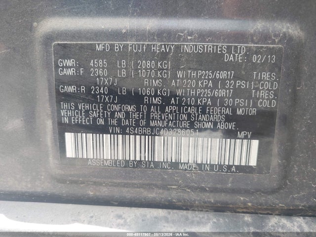 45117907 :رقم المزاد ، 4S4BRBJC4D3286051 vin ، 2013 Subaru Outback 2.5i Limited مزاد بيع