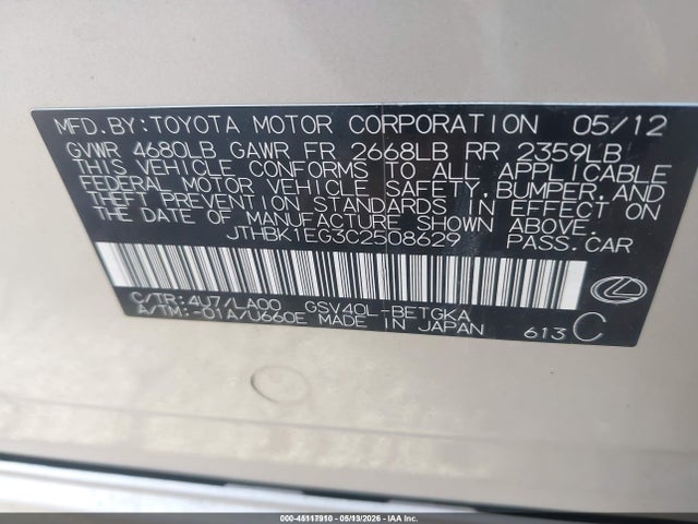 45117910 :رقم المزاد ، JTHBK1EG3C2508629 vin ، 2012 Lexus Es 350 مزاد بيع