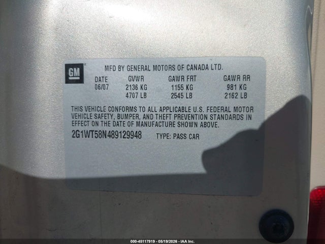 Продаж на аукціоні авто 2008 Chevrolet Impala Lt, vin: 2G1WT58N489129948, номер лоту: 45117919