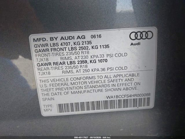 45117927 :رقم المزاد ، WA1BCCFS4HR003088 vin ، 2017 Audi Q3 2.0t Premium مزاد بيع