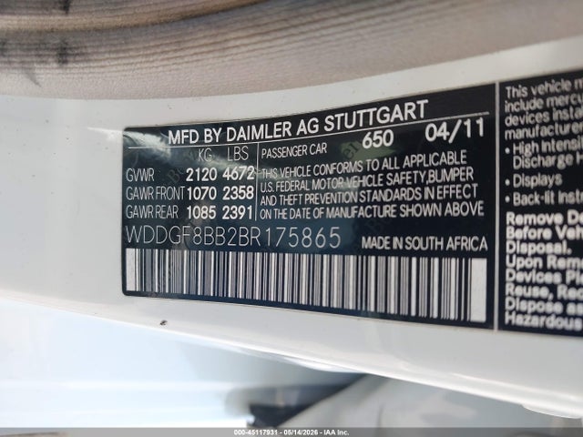 45117931 :رقم المزاد ، WDDGF8BB2BR175865 vin ، 2011 Mercedes-benz C 300 Luxury 4matic/sport 4matic مزاد بيع