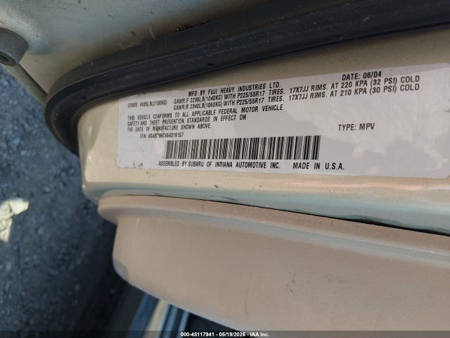 45117941 :رقم المزاد ، 4S4BP86C454319157 vin ، 2005 Subaru Outback 3.0r L.l. Bean Edition مزاد بيع