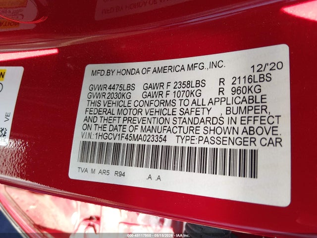 Aukcja sprzedaży 2021 Honda Accord Sport Special Edition, vin: 1HGCV1F45MA023354, numer aukcji: 45117950