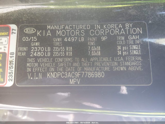 2015 Kia Sportage Ex მანქანა იყიდება აუქციონზე, vin: KNDPC3AC9F7786980, აუქციონის ნომერი: 45117951