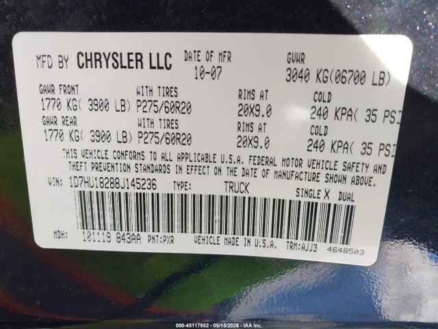 Продажа на аукционе авто 2008 Dodge Ram 1500 Slt, vin: 1D7HU18288J145236, номер лота: 45117952