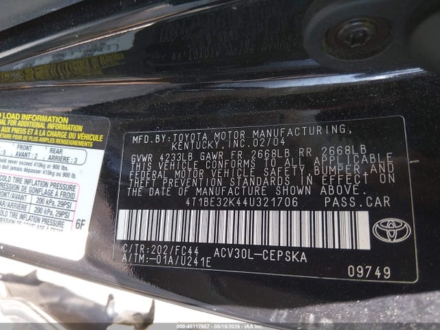 45117957 :رقم المزاد ، 4T1BE32K44U321706 vin ، 2004 Toyota Camry Se مزاد بيع