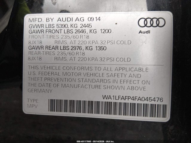 Продажа на аукционе авто 2015 Audi Q5 2.0t Premium, vin: WA1LFAFP4FA045476, номер лота: 45117980