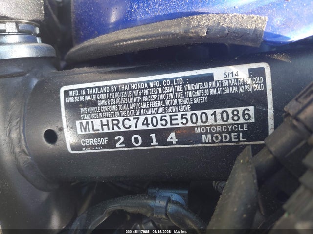 Продажа на аукционе авто 2014 Honda Cbr650 F, vin: MLHRC7405E5001086, номер лота: 45117985