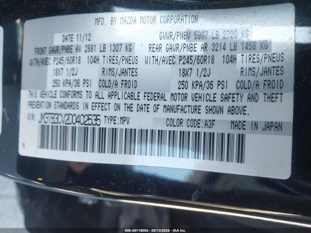 Продаж на аукціоні авто 2013 Mazda Cx-9 Touring, vin: JM3TB3CV2D0402535, номер лоту: 45118004