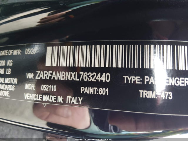 Продажа на аукционе авто 2020 Alfa Romeo Giulia Ti Sport Awd, vin: ZARFANBNXL7632440, номер лота: 45118010
