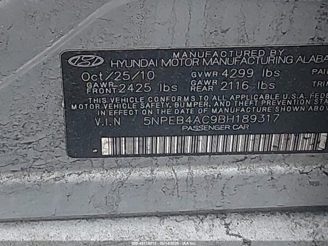45118013 :رقم المزاد ، 5NPEB4AC9BH189317 vin ، 2011 Hyundai Sonata Gls مزاد بيع