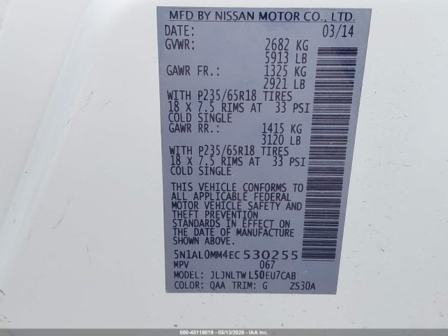 Aukcja sprzedaży 2014 Infiniti Qx60, vin: 5N1AL0MM4EC530255, numer aukcji: 45118019