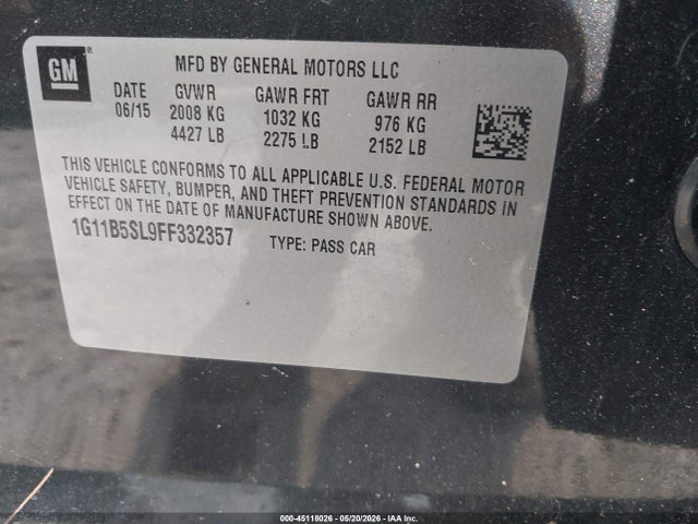 45118026 :رقم المزاد ، 1G11B5SL9FF332357 vin ، 2015 Chevrolet Malibu Ls مزاد بيع