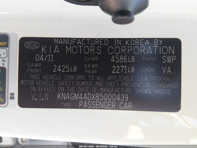 2011 Kia Optima Hybrid Ex მანქანა იყიდება აუქციონზე, vin: KNAGM4ADXB5000439, აუქციონის ნომერი: 45118025