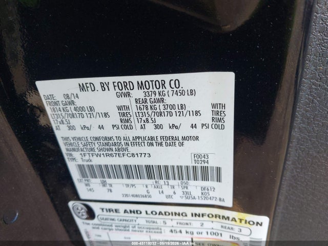 2014 Ford F-150 Svt Raptor მანქანა იყიდება აუქციონზე, vin: 1FTFW1R67EFC81773, აუქციონის ნომერი: 45118032
