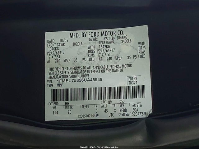 2006 Ford Explorer Limited მანქანა იყიდება აუქციონზე, vin: 1FMEU75856UA45949, აუქციონის ნომერი: 45118067