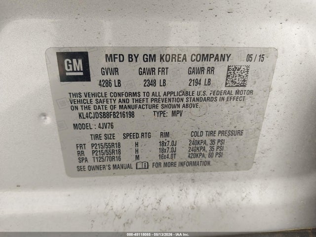 45118085 :رقم المزاد ، KL4CJDSB8FB216198 vin ، 2015 Buick Encore Premium مزاد بيع