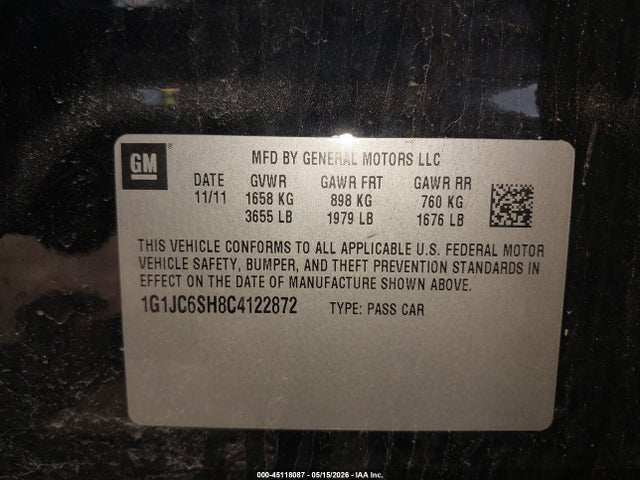 2012 Chevrolet Sonic 2lt მანქანა იყიდება აუქციონზე, vin: 1G1JC6SH8C4122872, აუქციონის ნომერი: 45118087