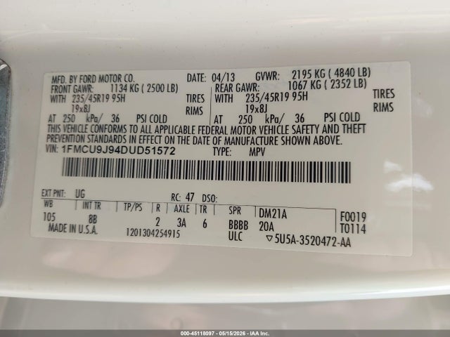 Продаж на аукціоні авто 2013 Ford Escape Titanium, vin: 1FMCU9J94DUD51572, номер лоту: 45118097