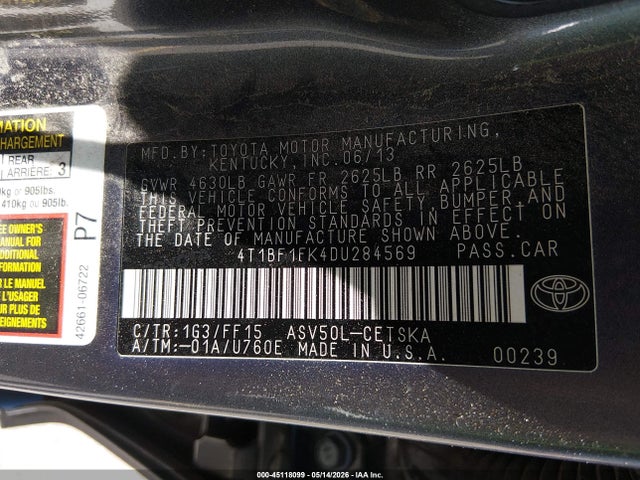 Aukcja sprzedaży 2013 Toyota Camry Se, vin: 4T1BF1FK4DU284569, numer aukcji: 45118099