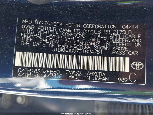 Aukcja sprzedaży 2014 Toyota Prius Three, vin: JTDKN3DU7E1824751, numer aukcji: 45118102