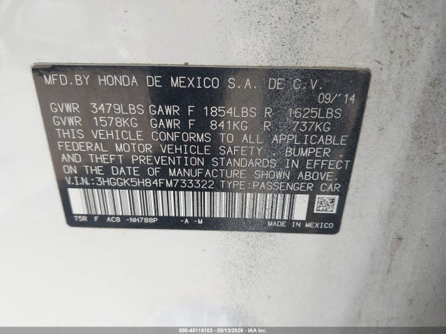 45118103 :رقم المزاد ، 3HGGK5H84FM733322 vin ، 2015 Honda Fit Ex/ex-l مزاد بيع