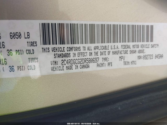 Aukcja sprzedaży 2013 Dodge Grand Caravan Sxt, vin: 2C4RDGCG2DR580697, numer aukcji: 45118110