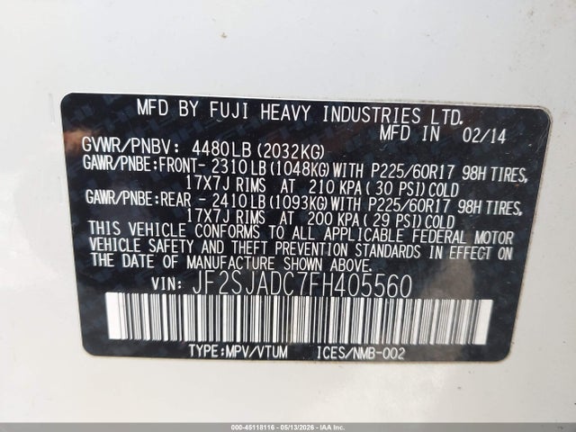 45118116 :رقم المزاد ، JF2SJADC7FH405560 vin ، 2015 Subaru Forester 2.5i Premium مزاد بيع