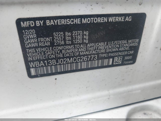 2021 Bmw 530i Xdrive მანქანა იყიდება აუქციონზე, vin: WBA13BJ02MCG26773, აუქციონის ნომერი: 45118122