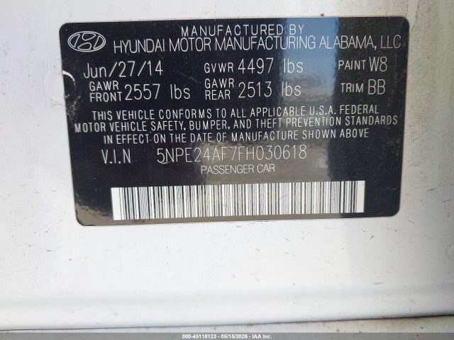 Продаж на аукціоні авто 2015 Hyundai Sonata Se, vin: 5NPE24AF7FH030618, номер лоту: 45118123