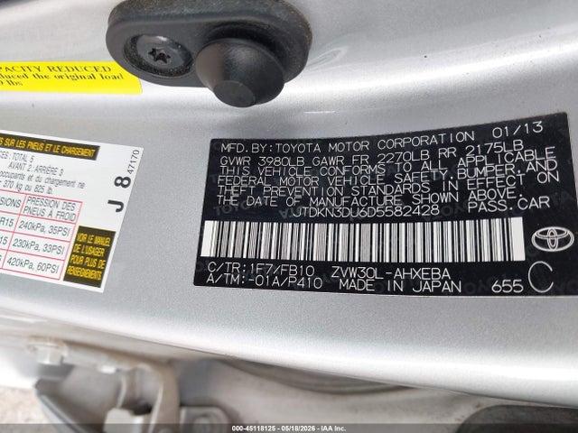 45118125 :رقم المزاد ، JTDKN3DU6D5582428 vin ، 2013 Toyota Prius Two مزاد بيع
