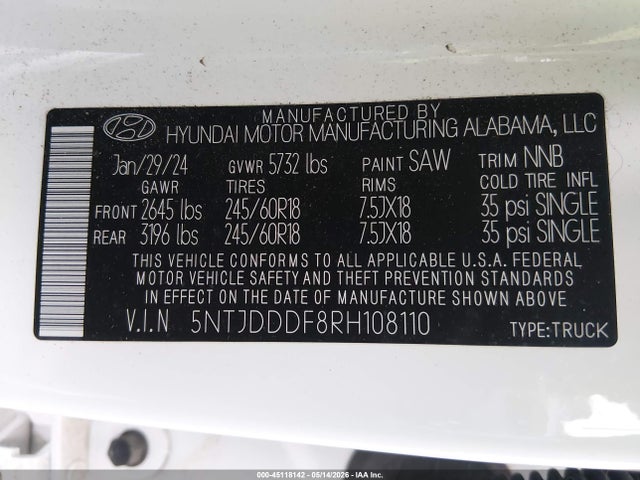 Продаж на аукціоні авто 2024 Hyundai Santa Cruz Xrt, vin: 5NTJDDDF8RH108110, номер лоту: 45118142