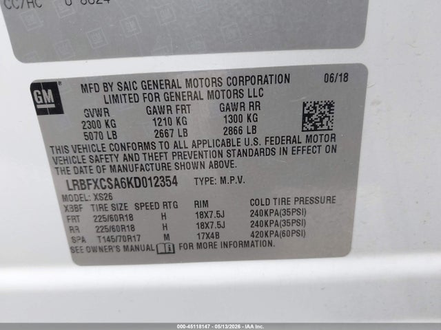 2019 Buick Envision Fwd Essence მანქანა იყიდება აუქციონზე, vin: LRBFXCSA6KD012354, აუქციონის ნომერი: 45118147