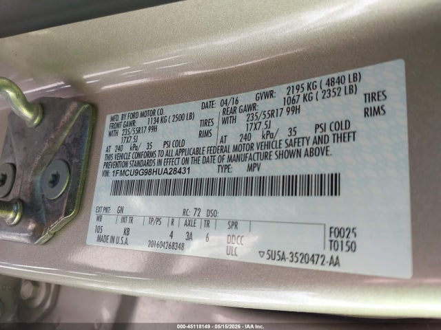 Aukcja sprzedaży 2017 Ford Escape Se, vin: 1FMCU9G98HUA28431, numer aukcji: 45118149