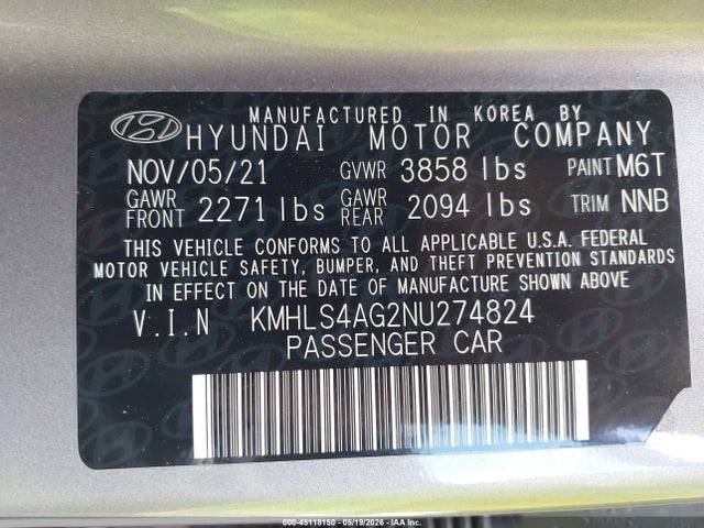 45118150 :رقم المزاد ، KMHLS4AG2NU274824 vin ، 2022 Hyundai Elantra Sel مزاد بيع