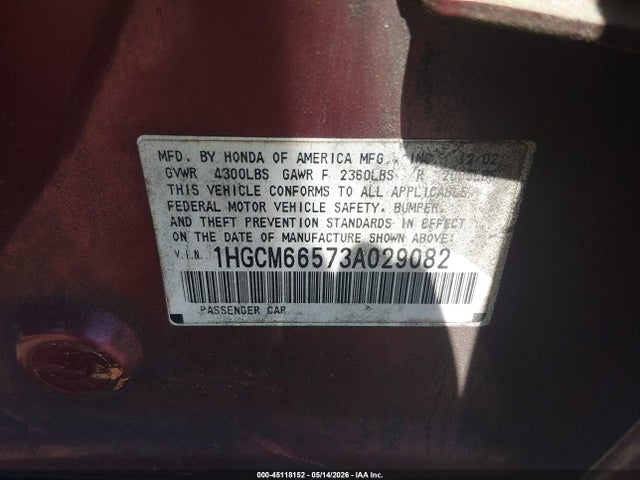 2003 Honda Accord 3.0 Ex მანქანა იყიდება აუქციონზე, vin: 1HGCM66573A029082, აუქციონის ნომერი: 45118152