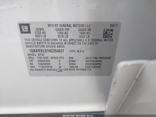 45118158 :رقم المزاد ، 1GKKNXLS1HZ284637 vin ، 2017 Gmc Acadia Denali مزاد بيع