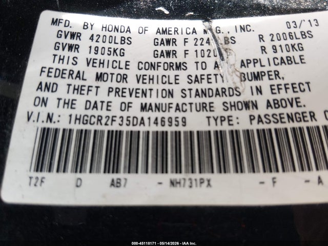 45118171 :رقم المزاد ، 1HGCR2F35DA146959 vin ، 2013 Honda Accord Lx مزاد بيع