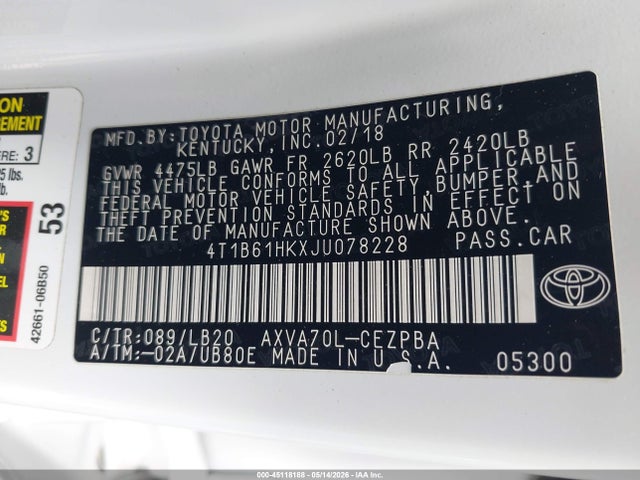 Aukcja sprzedaży 2018 Toyota Camry Xse, vin: 4T1B61HKXJU078228, numer aukcji: 45118188